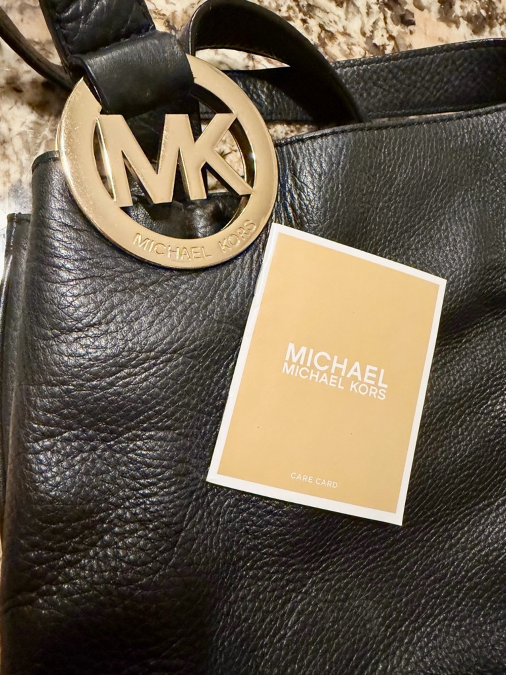 Michael Kors Black Leather Tote with Gold MK Logo Charm